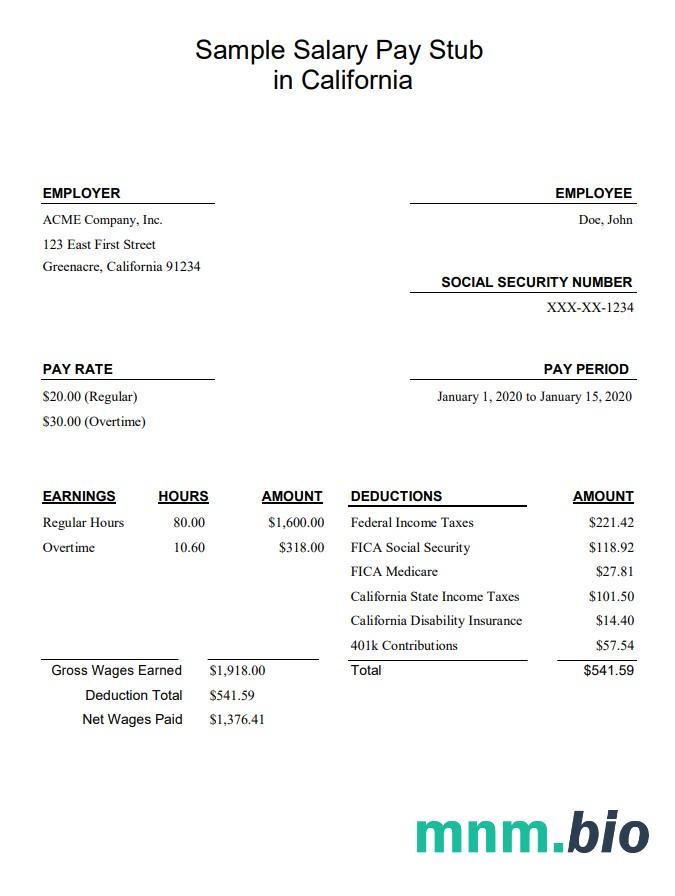California wynagrodzenie Pay stub Word i PDF szablon